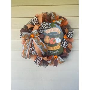 Welcome to Our Pumpkin Patch Wreath – Fall Front Door Décor - Autumn Door Hanger